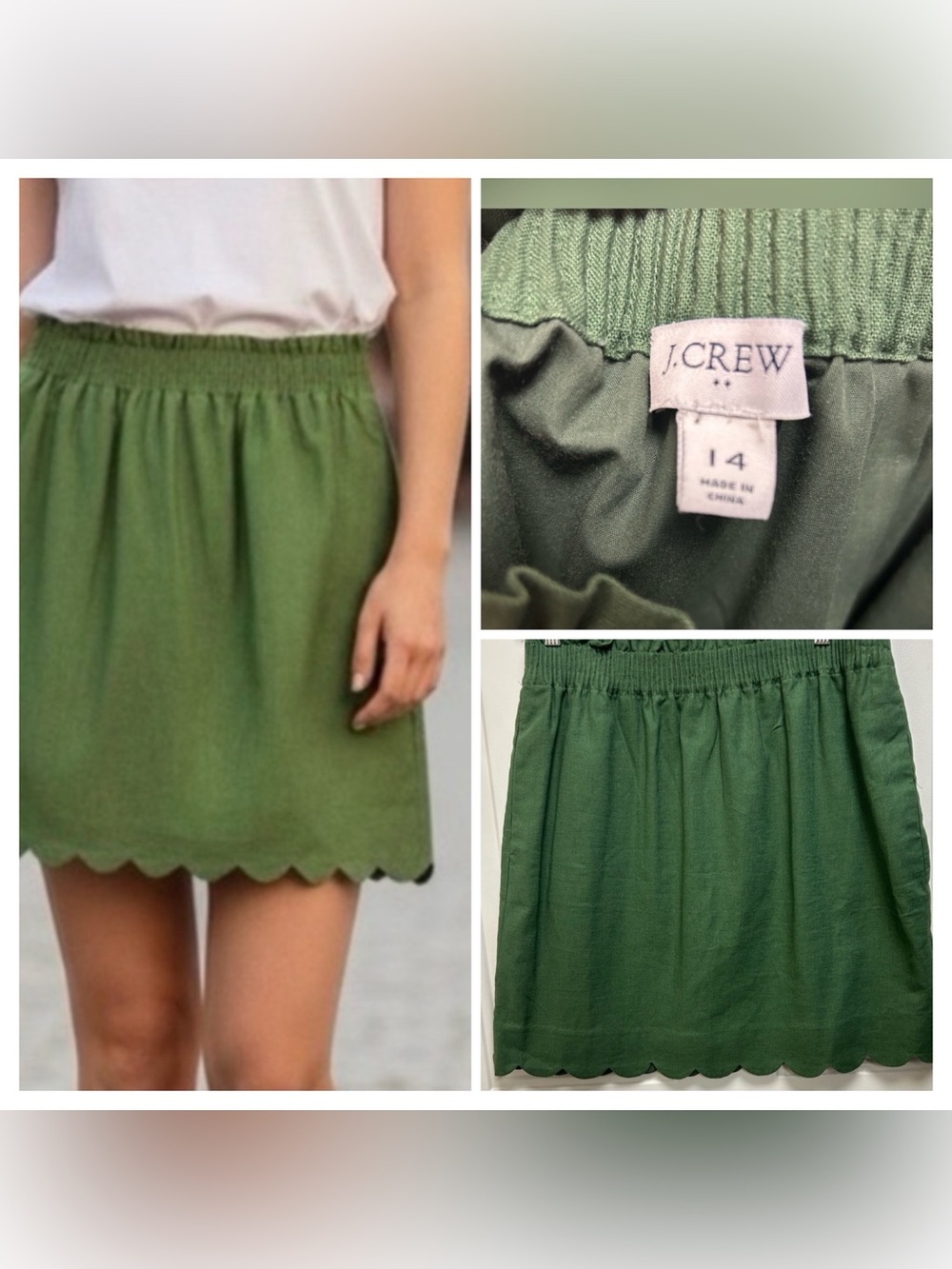 J. Crew Moss Green Scalloped Hem Linen & Cotton Blend Skirt